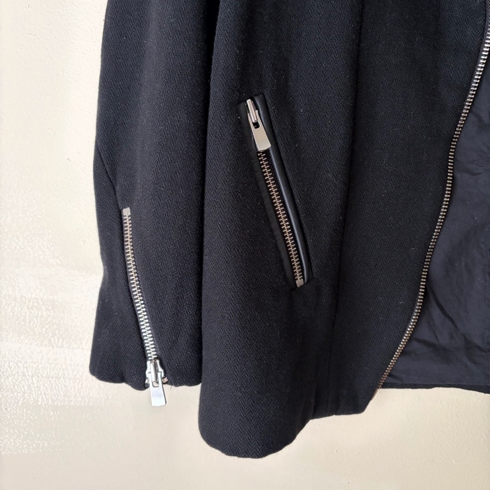 Maje | Wool Blend & Leather Asymmetrical Full Zip Jacket Moto Black Small - Picture 3 of 8